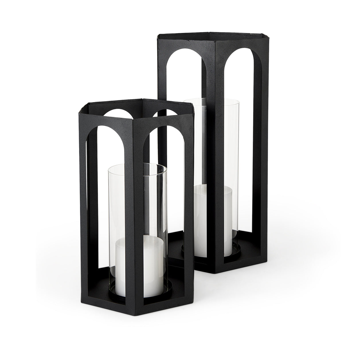 Balley 9.4L x 9.4W x 19.7H Set of Two Matte Black Metal Hexagonal Candle Holder Lanterns from Mercana - Luna Furniture