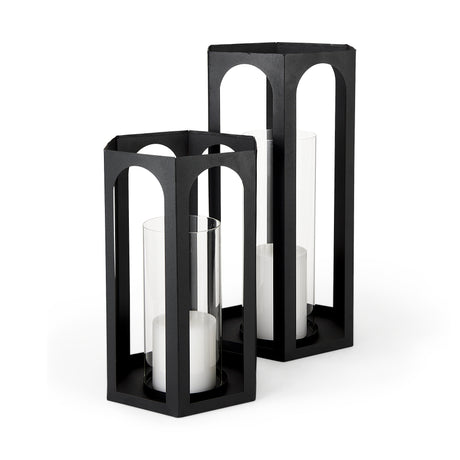 Balley 9.4L x 9.4W x 19.7H Set of Two Matte Black Metal Hexagonal Candle Holder Lanterns from Mercana - Luna Furniture