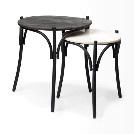 Etienne VII 24" Set of Two Round Top Black Wood and Marble Top Nesting Table from Mercana - Luna Furniture