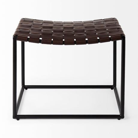 Clarissa 22.0L x 16.0W x 16.5H Brown Leather Woven Seat W/ Black Metal Frame Stool from Mercana - Luna Furniture
