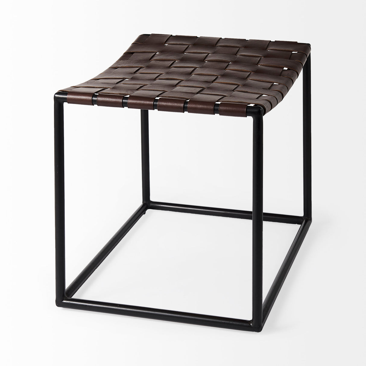 Clarissa 22.0L x 16.0W x 16.5H Brown Leather Woven Seat W/ Black Metal Frame Stool from Mercana - Luna Furniture