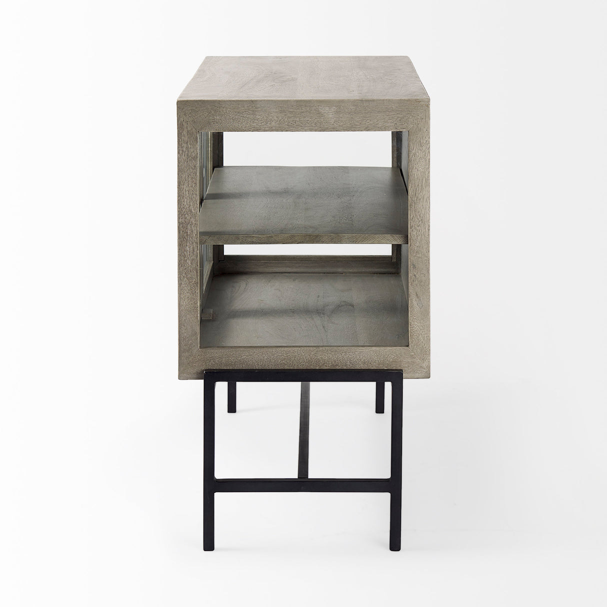 Arelius 36L x 18W x 32H Gray Wood, Black Metal Base w/ 2 Glass Doors Accent Cabinet from Mercana - Luna Furniture