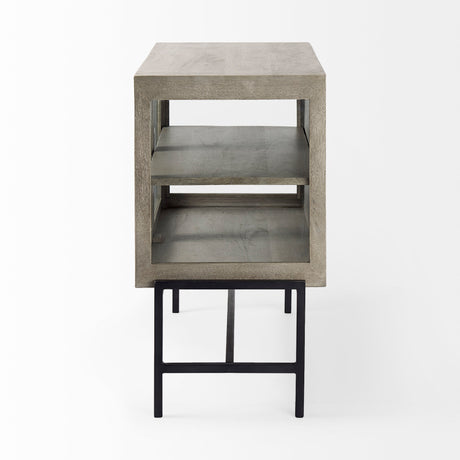 Arelius 36L x 18W x 32H Gray Wood, Black Metal Base w/ 2 Glass Doors Accent Cabinet from Mercana - Luna Furniture