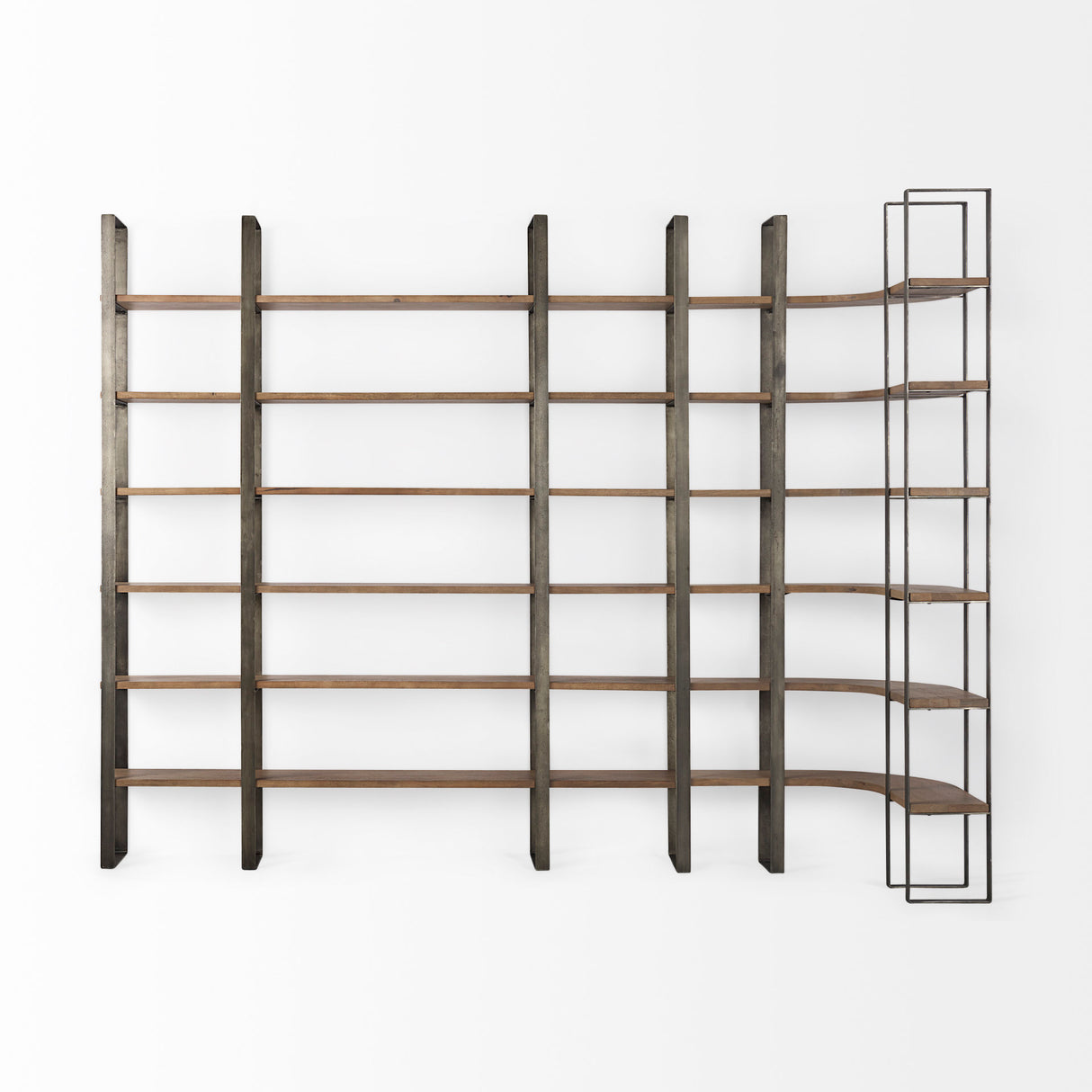 Taunton 80L x 10.5W x 90H Medium Brown Wood W/ Antique Nickel Metal Frame 6 Tier Shelving Unit from Mercana - Luna Furniture