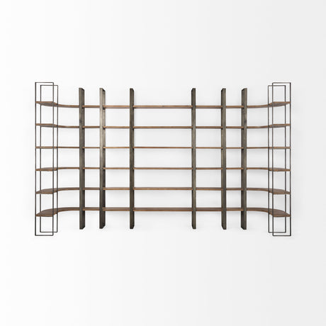 Taunton 80L x 10.5W x 90H Medium Brown Wood W/ Antique Nickel Metal Frame 6 Tier Shelving Unit from Mercana - Luna Furniture