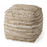 Aadhya 16.0L x 16.0W x 16.0H Taupe/Silver Leather and Cotton Pouf from Mercana - Luna Furniture