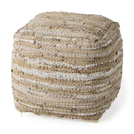 Aadhya 16.0L x 16.0W x 16.0H Taupe/Silver Leather and Cotton Pouf from Mercana - Luna Furniture