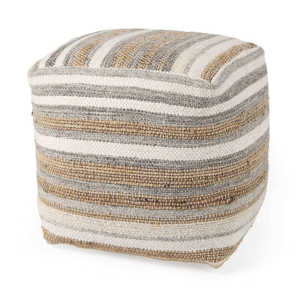 Aahana 16.0L x 16.0W x 16.0H White/Taupe/Gray Striped Hemp and Cotton Pouf from Mercana - Luna Furniture