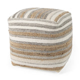 Aahana 16.0L x 16.0W x 16.0H White/Taupe/Gray Striped Hemp and Cotton Pouf from Mercana - Luna Furniture