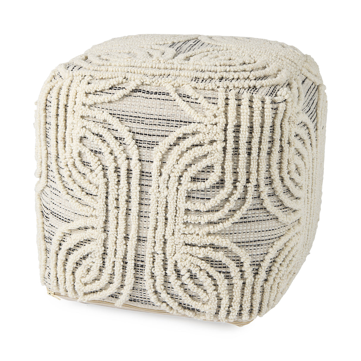 Amaya 16.0L x 16.0W x 16.0H Cream/Black/Gray Wool and Cotton Pouf from Mercana - Luna Furniture
