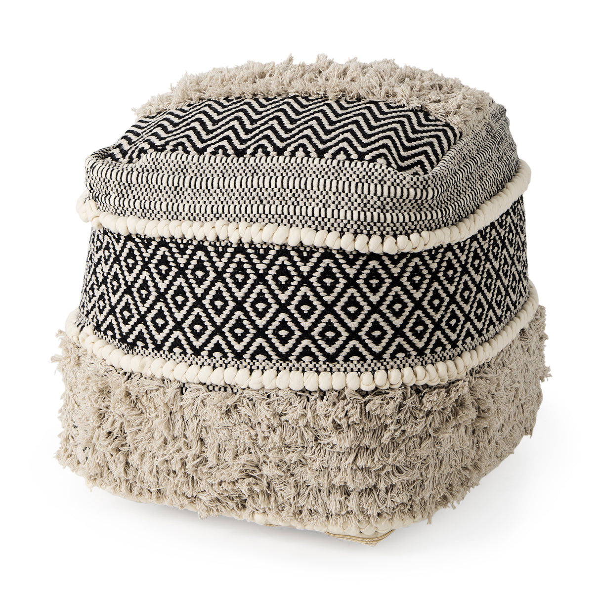 Darika 16.0L x 16.0W x 16.0H Black/White/Gray Cotton Pouf from Mercana - Luna Furniture