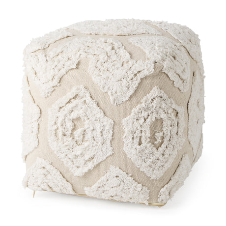 Ekanta 16.0L x 16.0W x 16.0H Cream/Beige Patterned Cotton Pouf from Mercana - Luna Furniture