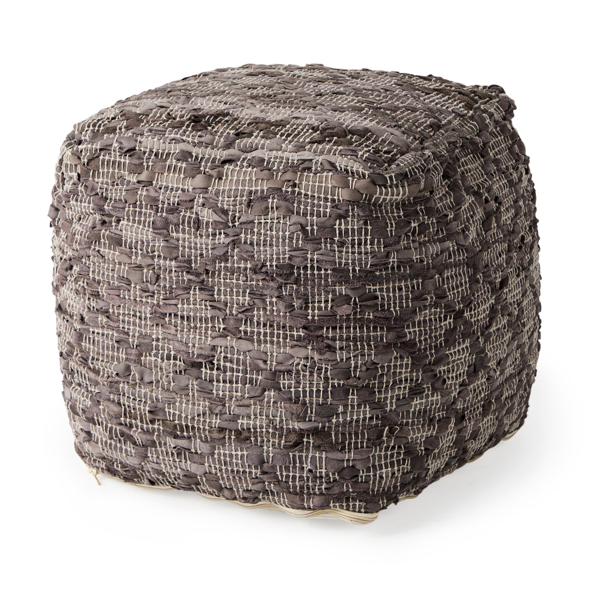 Falguni 16.0L x 16.0W x 16.0H Gray Leather and Cotton Patterned Pouf from Mercana - Luna Furniture