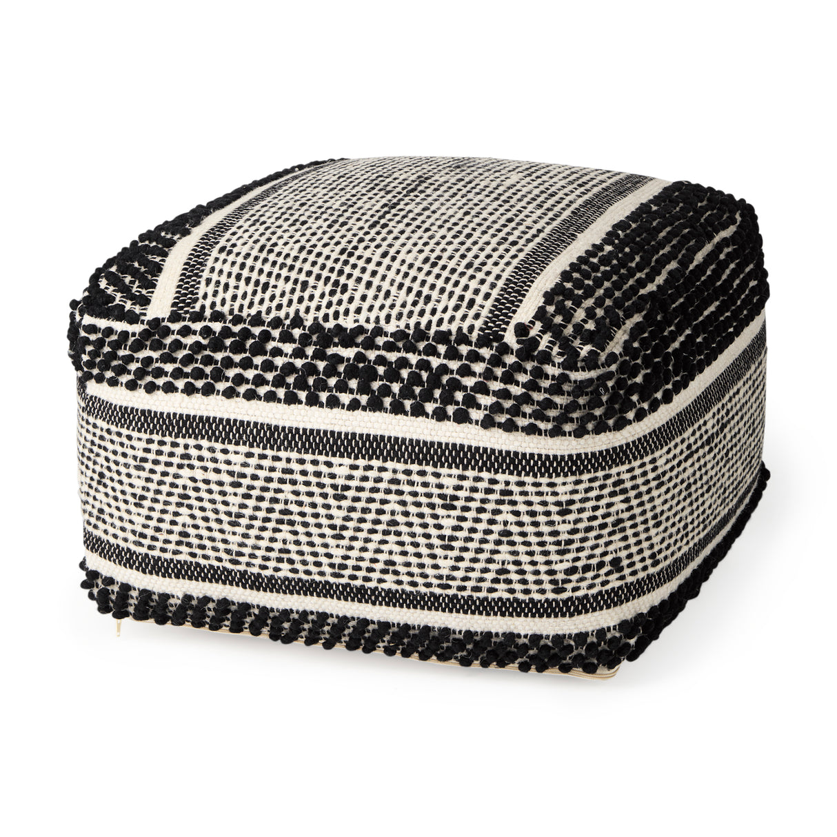 Garima 22.0L x 22.0W x 14.0H Black/White Wool and Cotton Patterned Pouf from Mercana - Luna Furniture