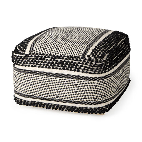 Garima 22.0L x 22.0W x 14.0H Black/White Wool and Cotton Patterned Pouf from Mercana - Luna Furniture