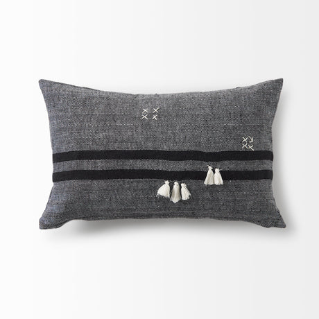 Sibyl 13L x 21W Black Fabric Striped and White Fringed Decorative Pillow Cover from Mercana - Luna Furniture
