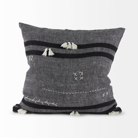 Sibyl 18L x 18W Black Fabric Striped and White Fringed Decorative Pillow Cover from Mercana - Luna Furniture