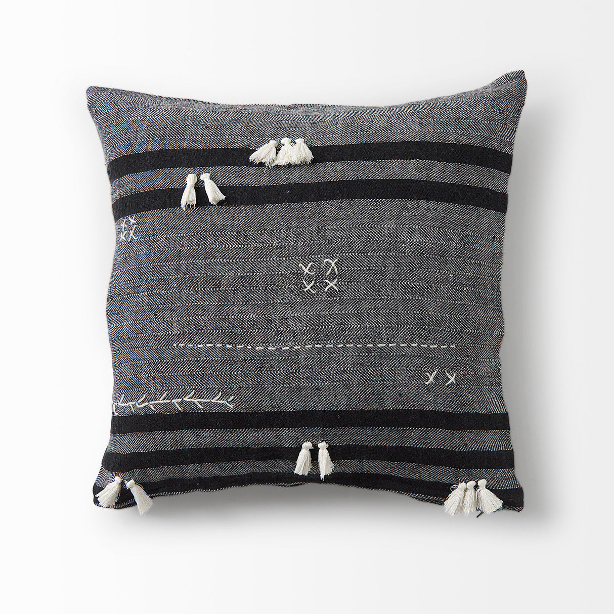 Sibyl 18L x 18W Black Fabric Striped and White Fringed Decorative Pillow Cover from Mercana - Luna Furniture