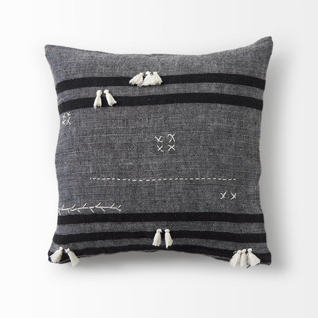 Sibyl 18L x 18W Black Fabric Striped and White Fringed Decorative Pillow Cover from Mercana - Luna Furniture