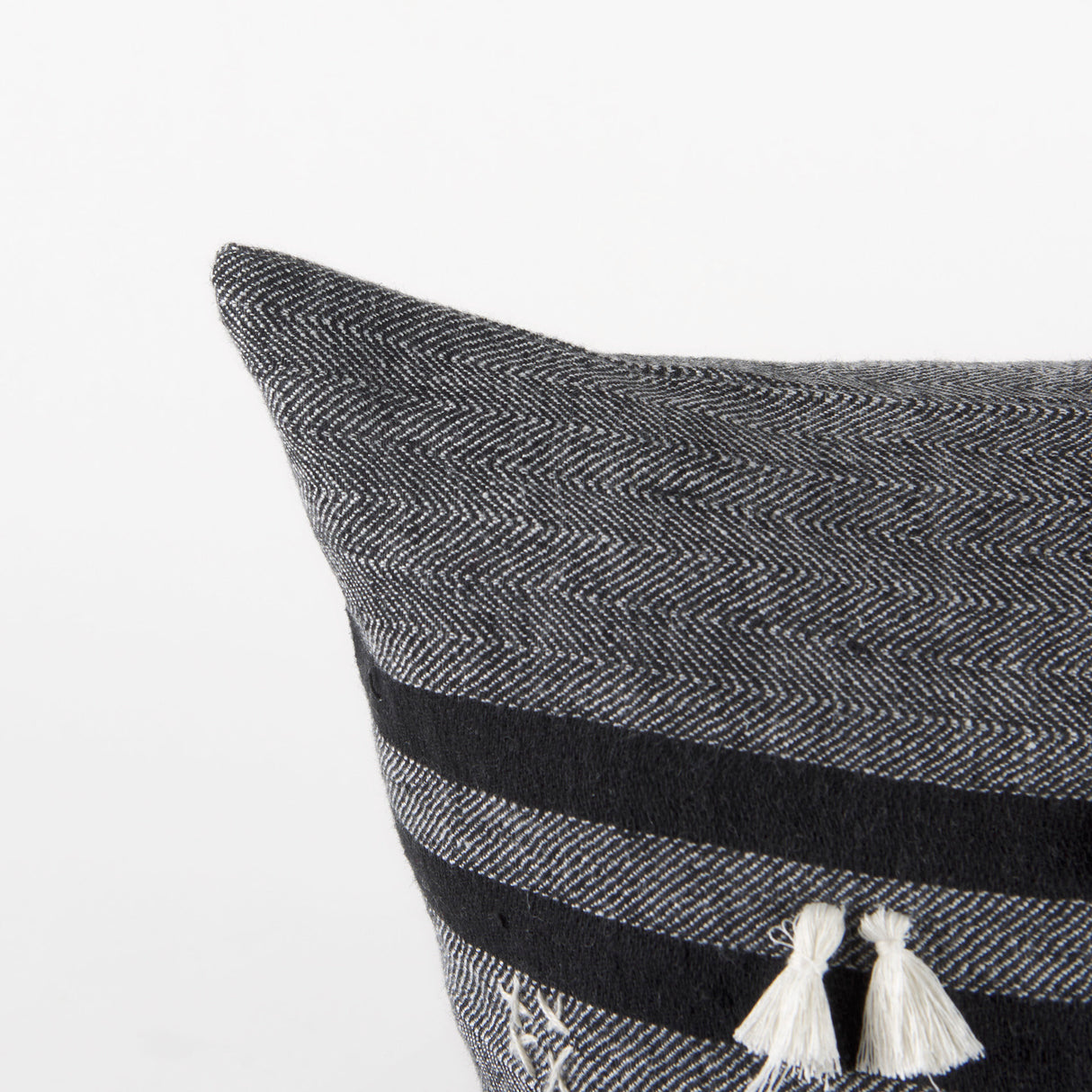 Sibyl 18L x 18W Black Fabric Striped and White Fringed Decorative Pillow Cover from Mercana - Luna Furniture