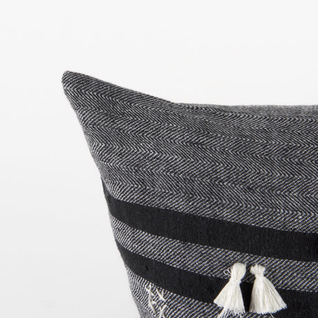Sibyl 18L x 18W Black Fabric Striped and White Fringed Decorative Pillow Cover from Mercana - Luna Furniture