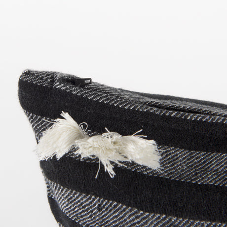 Sibyl 18L x 18W Black Fabric Striped and White Fringed Decorative Pillow Cover from Mercana - Luna Furniture