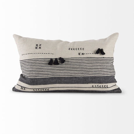 Thalia 13L x 21W Black and Beige Fabric Striped and Fringed Decorative Pillow Cover from Mercana - Luna Furniture