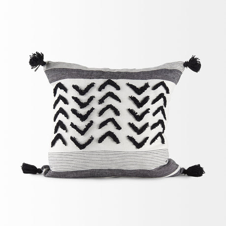 Kimia 20L x 20W White and Black Fabric Herringbone and Fringed Decorative Pillow Cover from Mercana - Luna Furniture