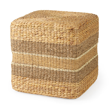 Maya 17.7L x 17.7W x 17.7H Light Brown W/Medium Brown Stripes Seagrass Square Pouf from Mercana - Luna Furniture