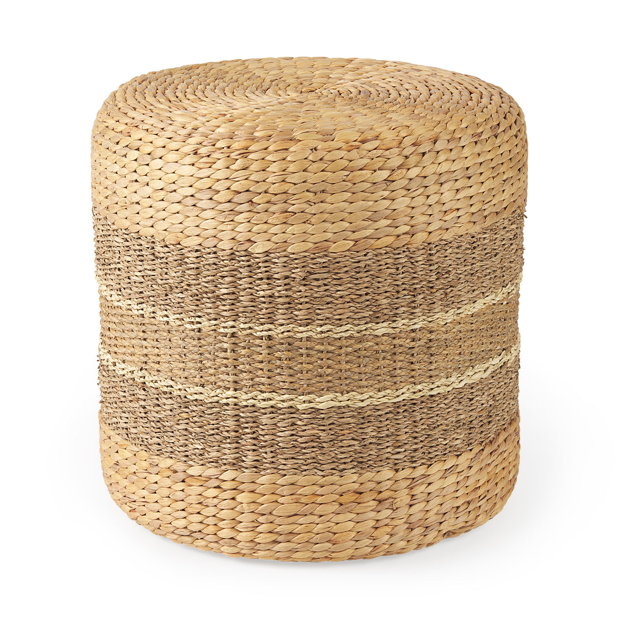 Maya 17.7L x 17.7W x 17.7H Light Brown W/Medium Brown Stripes Seagrass Round Pouf from Mercana - Luna Furniture