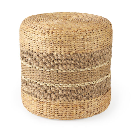 Maya 17.7L x 17.7W x 17.7H Light Brown W/Medium Brown Stripes Seagrass Round Pouf from Mercana - Luna Furniture