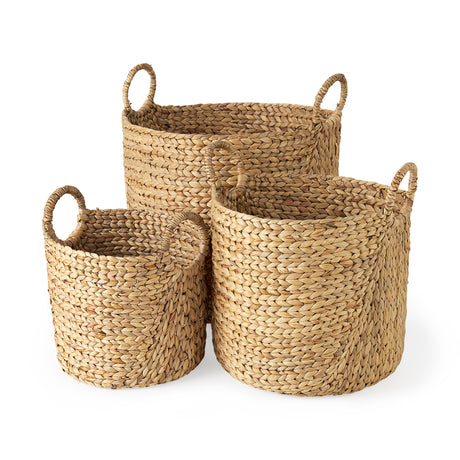 Sivan 19.7L x 19.7W x 23.6H (Set of 3) Light Brown Water Hyacinth Round Basket W/ Handles from Mercana - Luna Furniture