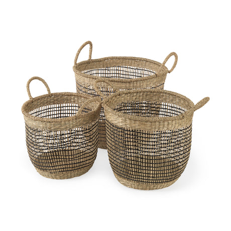 Triopas 15.7L x 15.7W x 13.4H (Set of 3) Medium Brown Seagrass Round Basket W/ Handles from Mercana - Luna Furniture