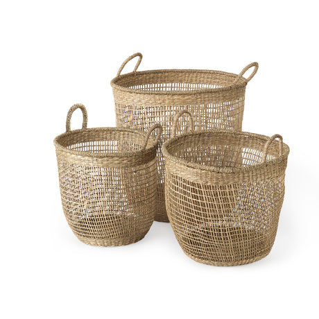 Bowie 19.7L x 19.7W x 19.7H (Set of 3) Medium Brown Seagrass Round Basket W/ Handles from Mercana - Luna Furniture