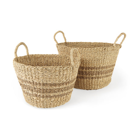 Vance 17.7L x 17.7W x 11.8H Light Brown Palm Leaf and Seagrass Round Basket W/ Handles from Mercana - Luna Furniture