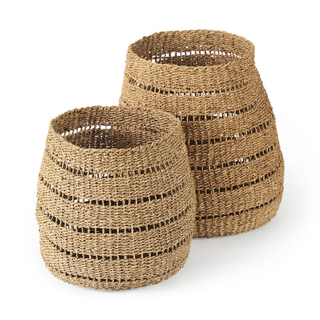 Hayes 17.7L x 17.7W x 11.8H (Set of 2) Medium Brown Seagrass Round Basket with Stripe Pattern from Mercana - Luna Furniture