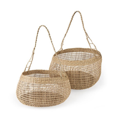 Nova 15.0L x 15.0W x 9.4H (Set of 2) Light Brown Seagrass Woven Round Basket W/ Long Handle from Mercana - Luna Furniture