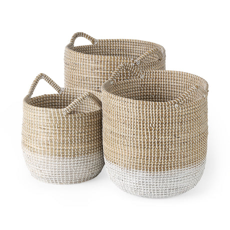 Maddie (Set of 3) Light Brown W/White Dipped Seagrass Round Basket W/ Handles from Mercana - Luna Furniture