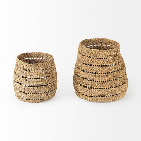 Hayes 17.7L x 17.7W x 11.8H (Set of 2) Medium Brown Seagrass Round Basket with Stripe Pattern from Mercana - Luna Furniture
