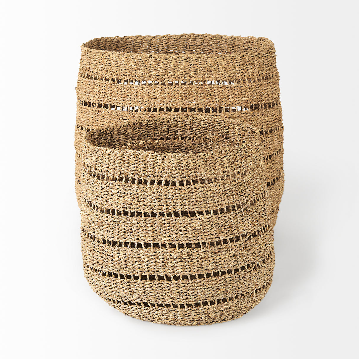 Hayes 17.7L x 17.7W x 11.8H (Set of 2) Medium Brown Seagrass Round Basket with Stripe Pattern from Mercana - Luna Furniture