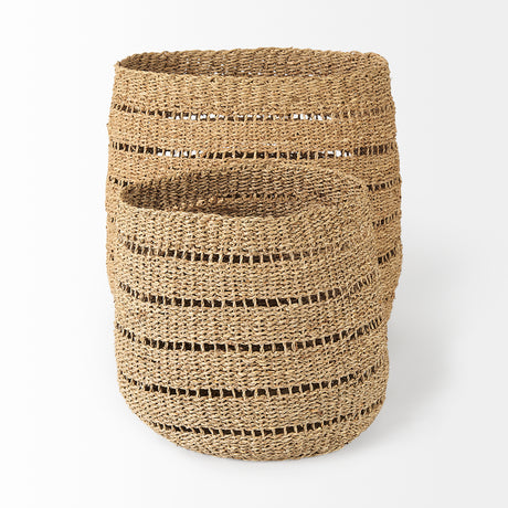 Hayes 17.7L x 17.7W x 11.8H (Set of 2) Medium Brown Seagrass Round Basket with Stripe Pattern from Mercana - Luna Furniture