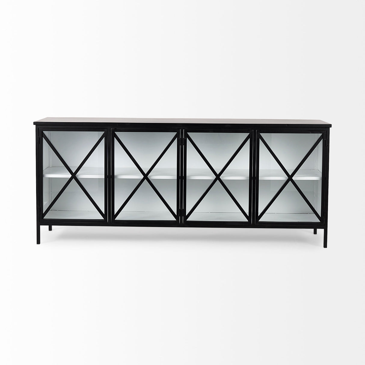 Aurelia 79.0L x 16.0W x 33.0H Black and White Metal Four Door Glass Cabinet from Mercana - Luna Furniture
