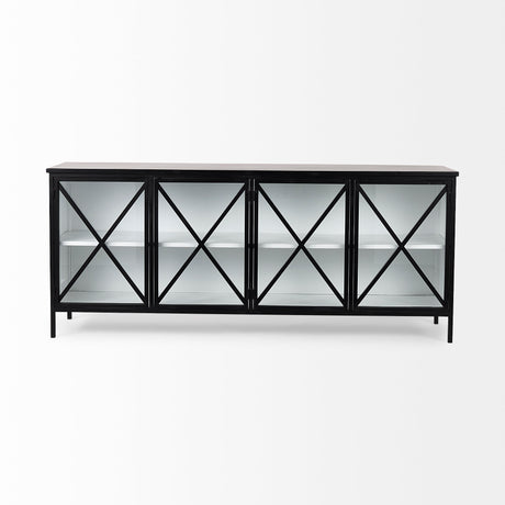 Aurelia 79.0L x 16.0W x 33.0H Black and White Metal Four Door Glass Cabinet from Mercana - Luna Furniture