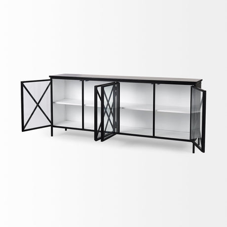 Aurelia 79.0L x 16.0W x 33.0H Black and White Metal Four Door Glass Cabinet from Mercana - Luna Furniture