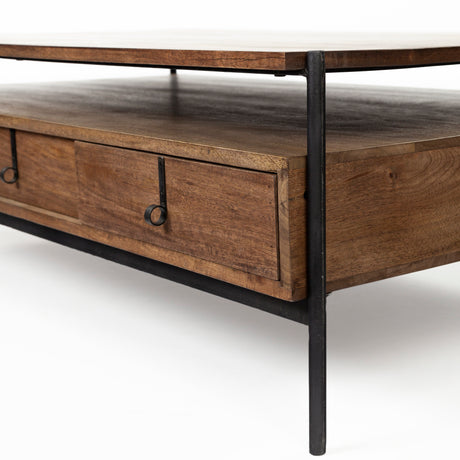 Glenn II 54x30 Dark Brown Wood w/ Black Iron Frame, Rectangle 3 Drawers Coffee Table from Mercana - Luna Furniture