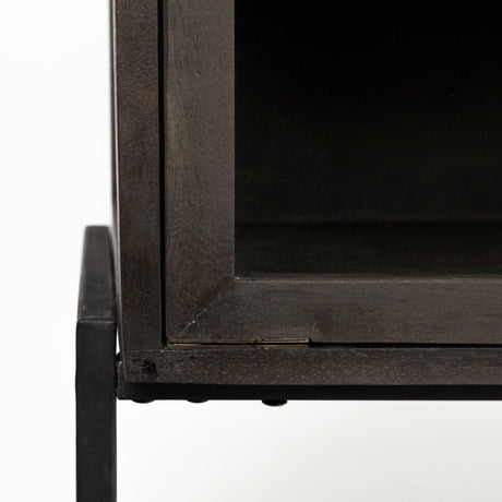 Arelius 36L x 18W Black-Brown Wood, Black Metal Base w/ 2 Glass Doors Accent Cabinet from Mercana - Luna Furniture