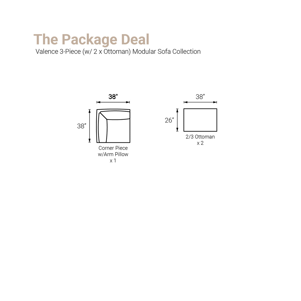 Valence 3 Piece Light Gray Modular Sofa Set (Included 2 x Ottoman)