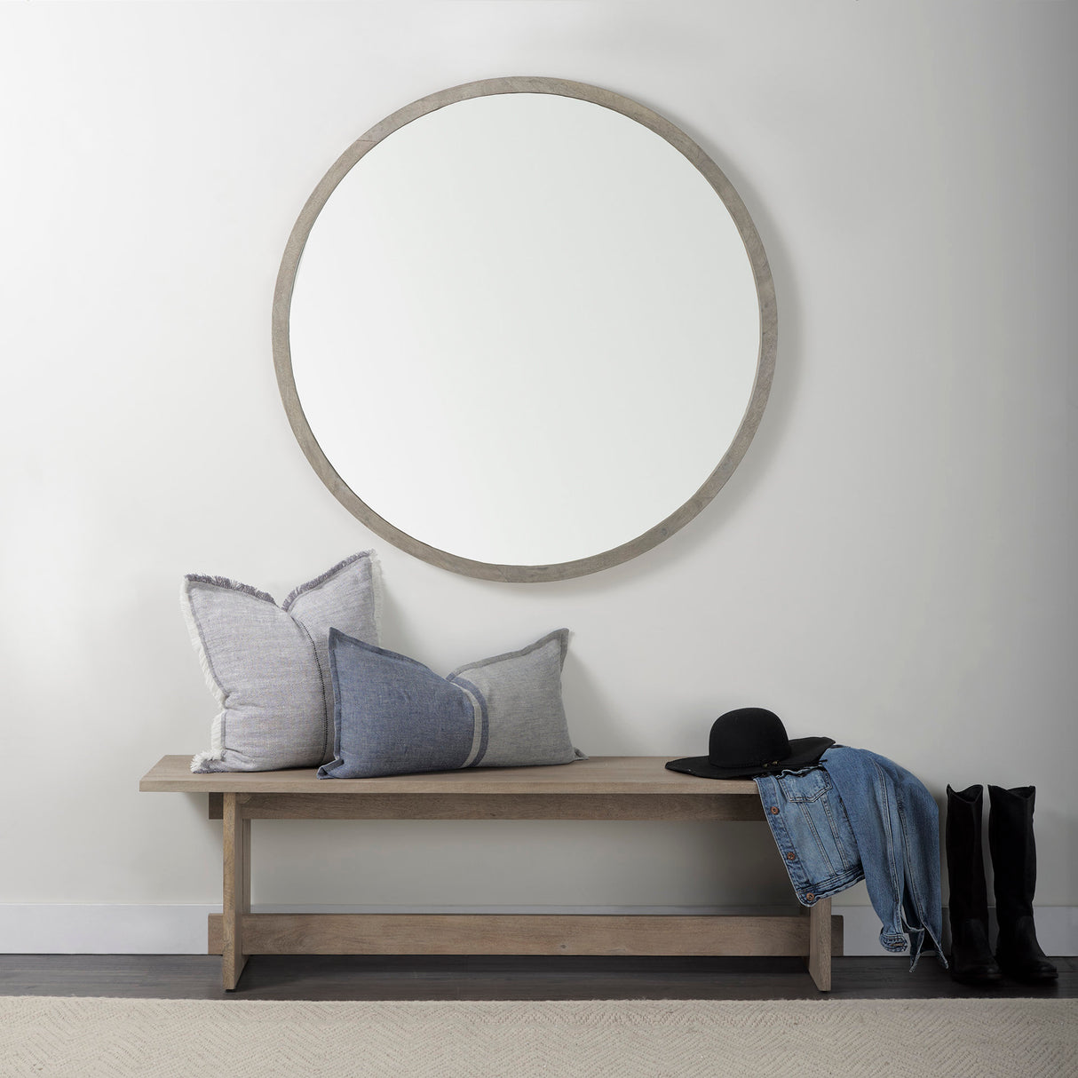 Gambit 46" Round Gray Wash Wood Frame Wall Mirror from Mercana - Luna Furniture