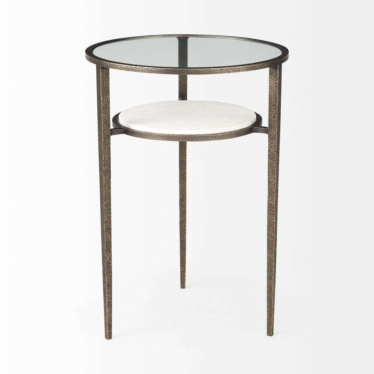 Felicity 15.8L X 15.8W X 22.5H Glass Top W/ White Marble Shelf and Antique Gold Base End/Side Table from Mercana - Luna Furniture