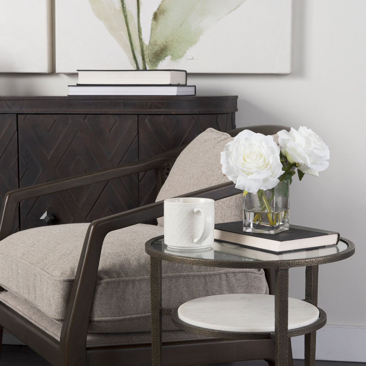 Felicity 15.8L X 15.8W X 22.5H Glass Top W/ White Marble Shelf and Antique Gold Base End/Side Table from Mercana - Luna Furniture